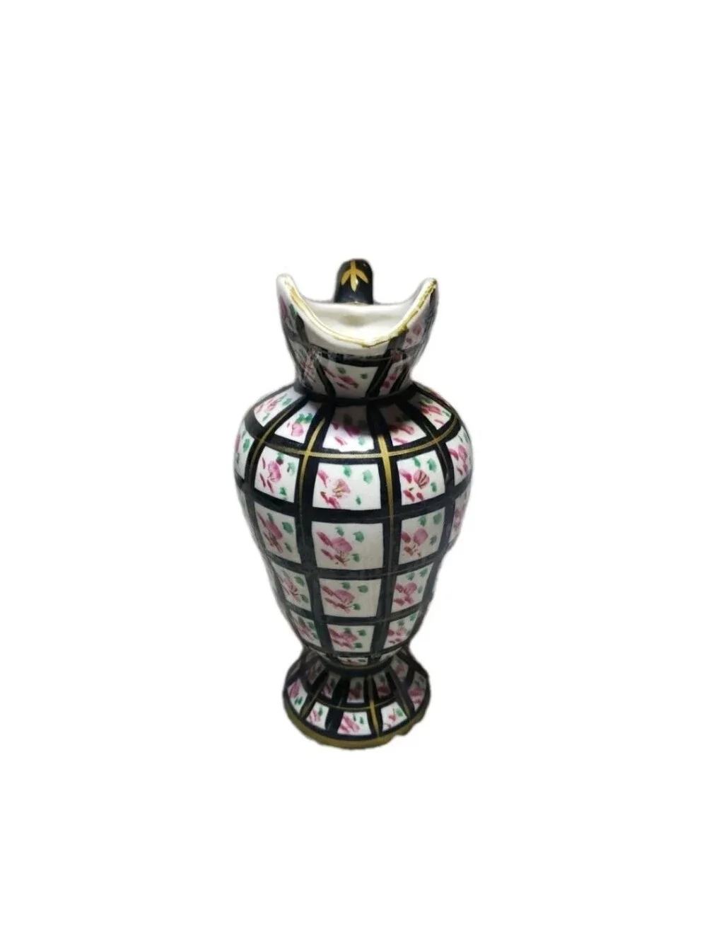 Vtg Handpainted Black Gold Floral Checkered Pitcher Vase